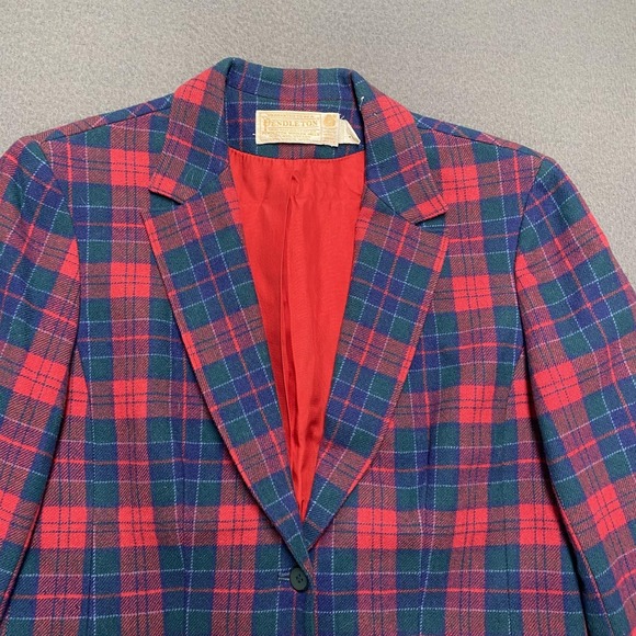 Vintage Pendleton Blazer Womens Medium Red Green Plaid Wool Jacket Made USA 80s - Picture 2 of 11